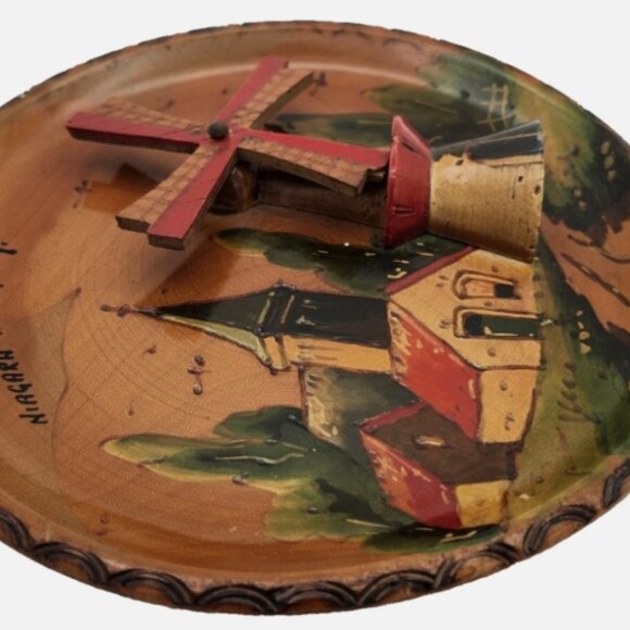 Vintage Hand Painted Dutch WINDMILL PLATE Wood Wall Hanging 7" Holland Made 2143 - Picture 9 of 15